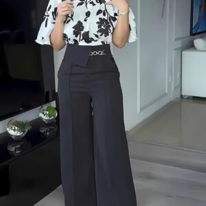 Women'S Elegant Floral Print Blouse & High-Waist Wide-Leg Pants Set - Chic Short Sleeve Top with Ruffle Detail, Black & White Floral Design, Loose Fit Pants with Golden Chain Belt, Perfect for Work or Casual Outings, Versatile Fashion | Floral Print Top | Ruffle Sleeve Top