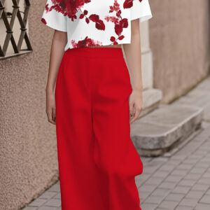 Red Maple Leaf Print Fashion Women's Pants Set for Casual Outings Two-Piece