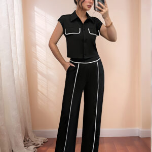 Women'S Sleeveless Blouse & Wide-Leg Pants Set - Chic Brown & White Contrast, Button-Up Shirt with Pockets, High-Waisted Flared Pants, Perfect for Office or Casual Wear, Versatile Fashion | Chic Outfit | Buttonup Shirt
