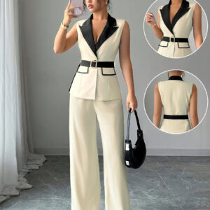 European and American Style Elegant Sleeveless Suit Pants Women's Vest Set, Classic Black and White Two-Piece Outfit