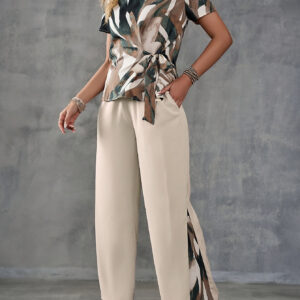 Spring-Summer Casual Vacation Print Tie-Back Short Sleeve Top and Wide-Leg Pants Two-Piece Set