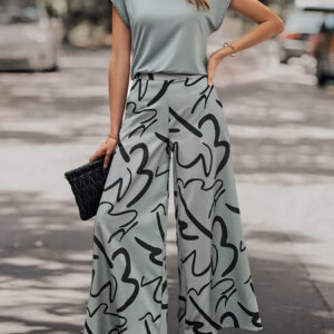 Summer Bat Sleeve T-shirt and Full Print Wide Leg Pants Women's Set