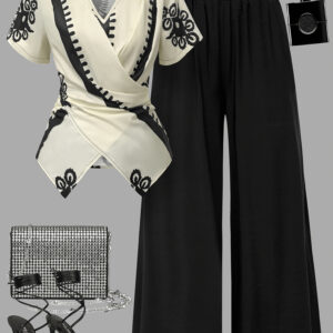 A Stylish Women'S Outfit Consisting of a Printed Top Paired with Casual Long Pants, Creating an Elegant Two-Piece Set.