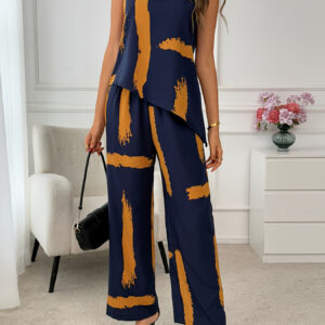 Elegant Asymmetrical Midi Dress and Pants Set - Sleeveless, Crew Neck, Abstract Print, Polyester, Spring/Fall Fashion, Fashionable Women'S Outfit | Abstract Print Dress | Asymmetrical Desig