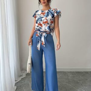Chic Floral Print Ruffle Sleeve Top + High Waist Casual Loose Straight Leg Pants Two Piece Set for Women - Soft Polyester, Machine Washable, All-Season Wear, Casual Attire|Ruffle Sleeve Top| Texture