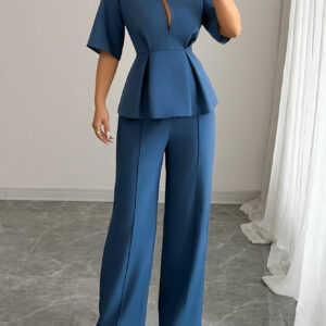 Elegant Women'S Two-Piece Blue Blazer and Pants Set - Chic A-Line Skirt with Button Details, Short Sleeve Blouse, and Belted Waist Pants, Stylish Office Attire, Office Attire|Chic Two-Piece Set|Polyester Fabric