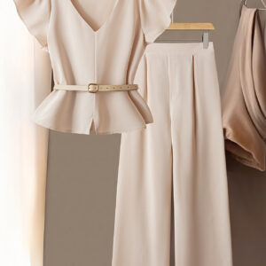 Women'S Solid Color Spring/Summer V-Neck Front Slit Puff Sleeve Elegant Alloy Button Belt Shirt + Straight Pants Fashion Commuting Suit