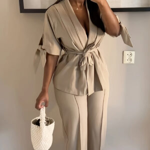 Women'S Beige Wide-Leg Pants with Short Sleeve Blazer - Casual Solid Color Outfit, Adjustable Waist Tie, High-Waisted Design, Perfect for Casual Attire, Versatile Clothing | Wideleg Pants | Texture