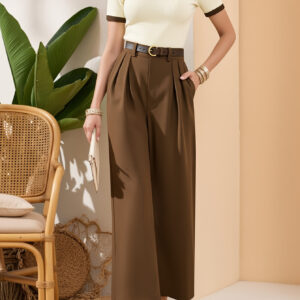 Elegant Women'S Polo Shirt and Wide-Leg Pants Set - Chic Solid Color, V-Neck Short Sleeve with Belt, Casual Spring/Summer Outfit, Polyester Blend, Button Details, Wide Leg Pants, Casual Attire|Vneck Top|Polyester Fabri