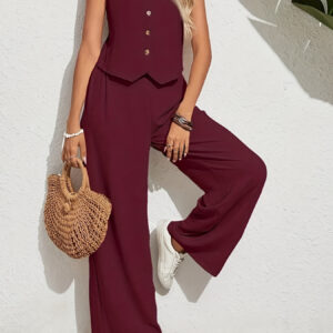 Elegant Solid Color Casual Suit for Women - Button Front V-Neck Vest & Elastic Waist Pants Set, Lightweight Polyester, Perfect for Spring/Summer, Chic Outfit|Versatile Fashion|Button Closure Design