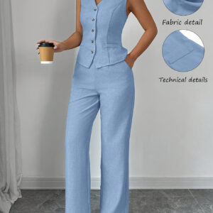Women'S Elegant Sleeveless V-Neck Waist Tie Front Vest and Straight Leg Pants Set - Solid Color, High-Waisted Wide-Leg Pants with Button Details, Perfect for Spring/Summer Commute or Casual Outings, Versatile Fashion | Sleek Modern Look | Button Detailing