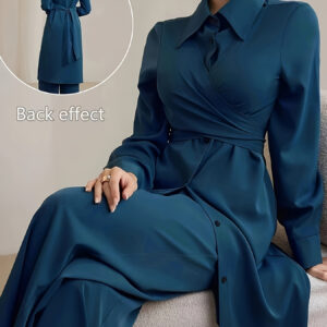 Women'S Elegant Teal Long Sleeve Button-Up Blouse with Tie-Back Detail & Matching Pants - Chic Spring/Fall Office or Casual Wear, Versatile Fashion | Tieback Blouse | Polyester Fabric