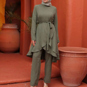 Middle Eastern Muslim Casual Set: Solid Color Asymmetrical Hem Waist Tie Elegant Two-Piece Outfit (Headscarf Not Included)
