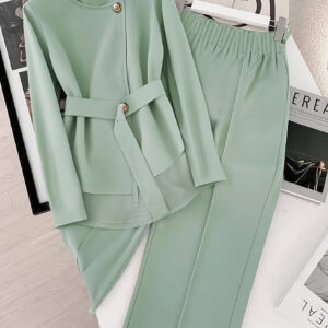 Women'S Elegant Solid Color Long Sleeve Top & Pants Set - Chic Fall/Winter Fashion, Polyester Blend, Button-Up Blouse with Ruffled Detail, Wide-Leg Pants, Stylish Office Attire, Office Attire|Ruffled Detail Top|Polyester Blend Pants