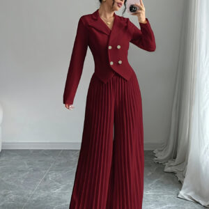 Women'S Elegant Solid Color Two-Piece Suit with Long Sleeves and Wide-Leg Pants, Button-Up Blazer, All-Season Formal Attire, Stylish Long Sleeve Top|Elegant Two-Piece Set|Sleek Fitted Blazer