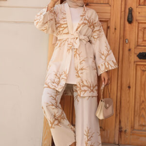 Elegant Middle Eastern Ethnic Style Geometric Print Two-Piece Set - Chic Open-Front Top & Pants with Tie-Waist, Beige & Golden Floral Design, Perfect for Casual or Formal Occasions, Traditional Attire|Floral Print Top|Tie Waist Pants