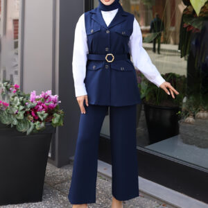 Autumn New Fashion Commuting Turnover Sleeveless Vest Top with Long Pants 2pcs Set for Women, Includes Belt