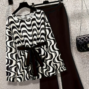 Women'S Elegant Fashionable Polyester Suit with Geometric Pattern - Black and White, Long Sleeve, Button-Up Blazer, Wide-Leg Pants, Belted Waist, Perfect for Spring/Summer, Stylish Office Attire|Geometric Pattern Suit|Polyester Fabric