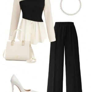 Elegant daily commuting two-piece set for ladies, featuring a color-blocked and pieced-together shirt and wide-leg trousers, suitable for all four seasons and machine washable.