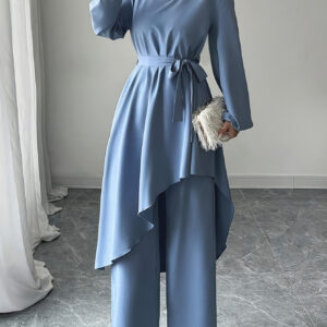 Women's Two-Piece Set, Solid Color Lace-Up Asymmetrical Hem Top and Pants, Elegant Fashion Outfit