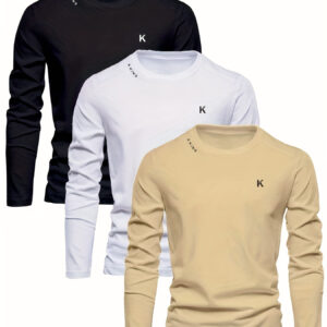 3pcs Men's 100% Cotton Long Sleeve T-Shirts - Heavyweight 500+ GSM Breathable Round Neck Casual Layering Tees with Minimalist White/Black/Navy/Yellow Color Options, Machine Washable for Fall Winter Casual Attire & Semi-Formal Outfits - Versatile Basic Wardrobe Essentials with Subtle Chest Logo, Relaxed Fit, and Long Sleeve Design for Layering in Cooler Seasons