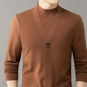Men'S Business Casual Sweater - Long Sleeve Round Neck Pullover with Fake Button Front, Stretch Knit Office & Everyday Sweater for Fall/Winter, Easy-Care Formal Attire Layering Essential, Knit Sweater, Fall Winter Apparel, Medium Elasticity Fabric, Fall Fashion, Classic Knitwear, Durable Material, Professional Men
