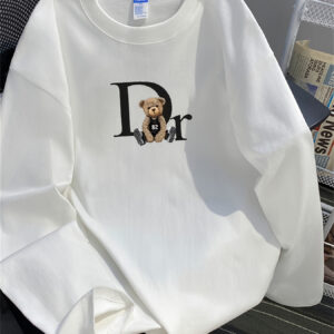 Men'S Heavyweight Cotton Long Sleeve T-Shirt with Teddy Bear & DR Graphic Print - Loose Fit Round Neck Casual Top for Spring/Fall, Versatile Layering Essential, Ideal for Valentine'S Day & Father'S Day Gifts, Spring Fall Apparel, Relaxed Fit Shirt, Durable Casualwear