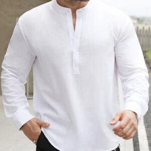 Men'S Henley Shirt - Classic Stand-Up Collar Non-Stretch Formal & Casual Shirt, Lightweight Summer Blouse for Office, Parties, Casual Attire - Easy-Care Everyday Men'S Clothing, Party Attire, Solid Color Design, Breathable Fabric, Office Attire, Minimalist Style, Durable Construction, Versatile Top, Professional Men, Party Outfit, Elegant Design, Highquality Material, Stylish Top, Business Casual