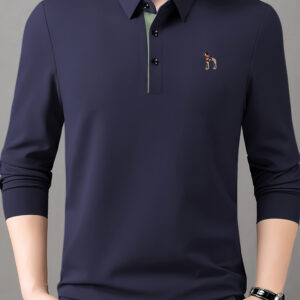 Men's Long Sleeve Shirt - Elegant Collar Button-Front, Formal & Casual Office to Weekend Outfits - Available in Olive Green, Navy, Brown - Spring/Fall Essential Wardrobe Staple, Versatile Menswear, Playful Dog Motif, Subtle Stripe Design, Fall Clothing, Classic Menswear, Comfortable Material, Stylish Top, Professional Men