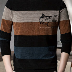 Men's Shark Graphic Striped Knit Sweater - Autumn Winter Warm Casual Pullover with Round Neck, Long Sleeve Ribbed Trim & Multi-Color Design for Casual Attire, Textured Fabric