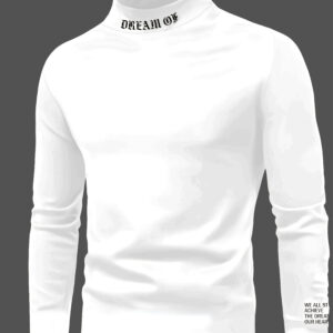 Teen Boys' Slim-Fit High Neck Long Sleeve T-Shirt with Motivational Letter Print & "Dream Big" Back Design - White with Black Lettering, All-Season Casual Shirt for School, Sports, Casual Attire - Machine Washable Youth Apparel, for Teenager