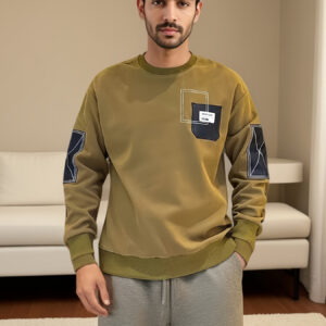 Men'S Chic Crew Neck Patched Embroidery Sweatshirt, Sports Long Sleeve Pullover with Logo, Machine Washable, Polyester Blend, Fashionable Sweatshirt|High Quality Smooth Texture