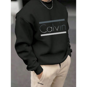 Men'S Calvin Graphic Long Sleeve Crewneck Sweatshirt - Brown Casual Pullover with "Calvin" Print, Comfortable H-Fit for Outdoor, Training & Casual Attire, Sweater Hoodie, Hiking Apparel, Sporty Design, Durable Fabric