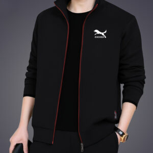 Men's Spring/Autumn Long-Sleeve Open Front Solid Color Stand Collar Casual Sportswear Set, Tracksuit