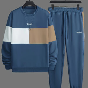 Men's Casual Crew Neck Sweatshirt & Joggers Set - Color Block, Polyester Blend, Machine Washable - Perfect for Spring/Fall, Leisure Style, Conventional Version, Spring/Autumn