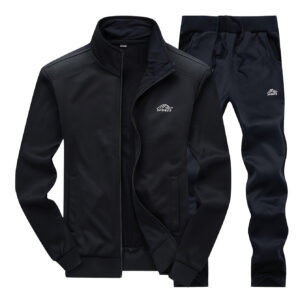 Men'S Casual Sportswear Set - Black Zip-Up Jacket & Pants with White Logo, Regular Fit, Spring/Fall Collection, Non-Stretch Fabric, Casual Attire|Zipup Jacket|Pants with Logo, Sweater Pants