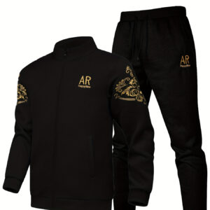 Men'S Polyester Long Sleeve Collar Sports Suit with Letter Pattern and Pockets, Suitable for Spring and Autumn, Casual Style, Zipper Detail, Regular Fit, Casual Wear|Casual Style|Zippered Jacket
