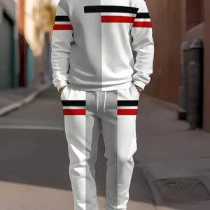 Men'S Casual Color Block Tracksuit - Crew Neck Sweatshirt & Drawstring Pants, White/Black/Red, Polyester, Knit Fabric, Perfect for Spring/Fall
