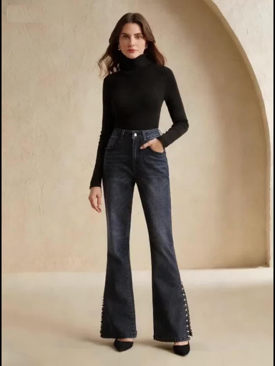 Chic Revived Denim: High-Waisted Wide-Leg Jeans with Unique Side Slit - Image 7