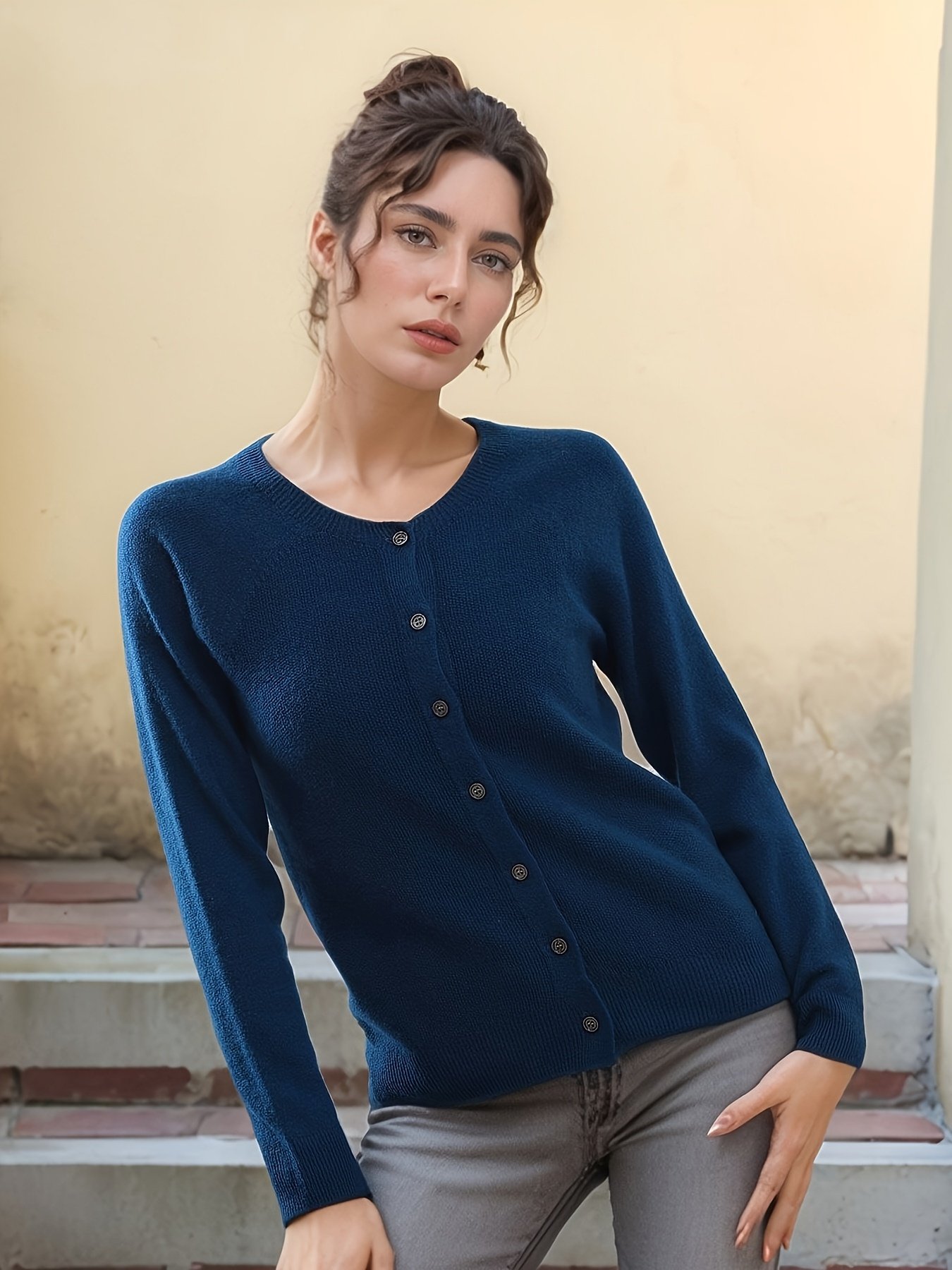 Elegant Warmth: Algae Blue Pure Wool Cardigan - Image 3