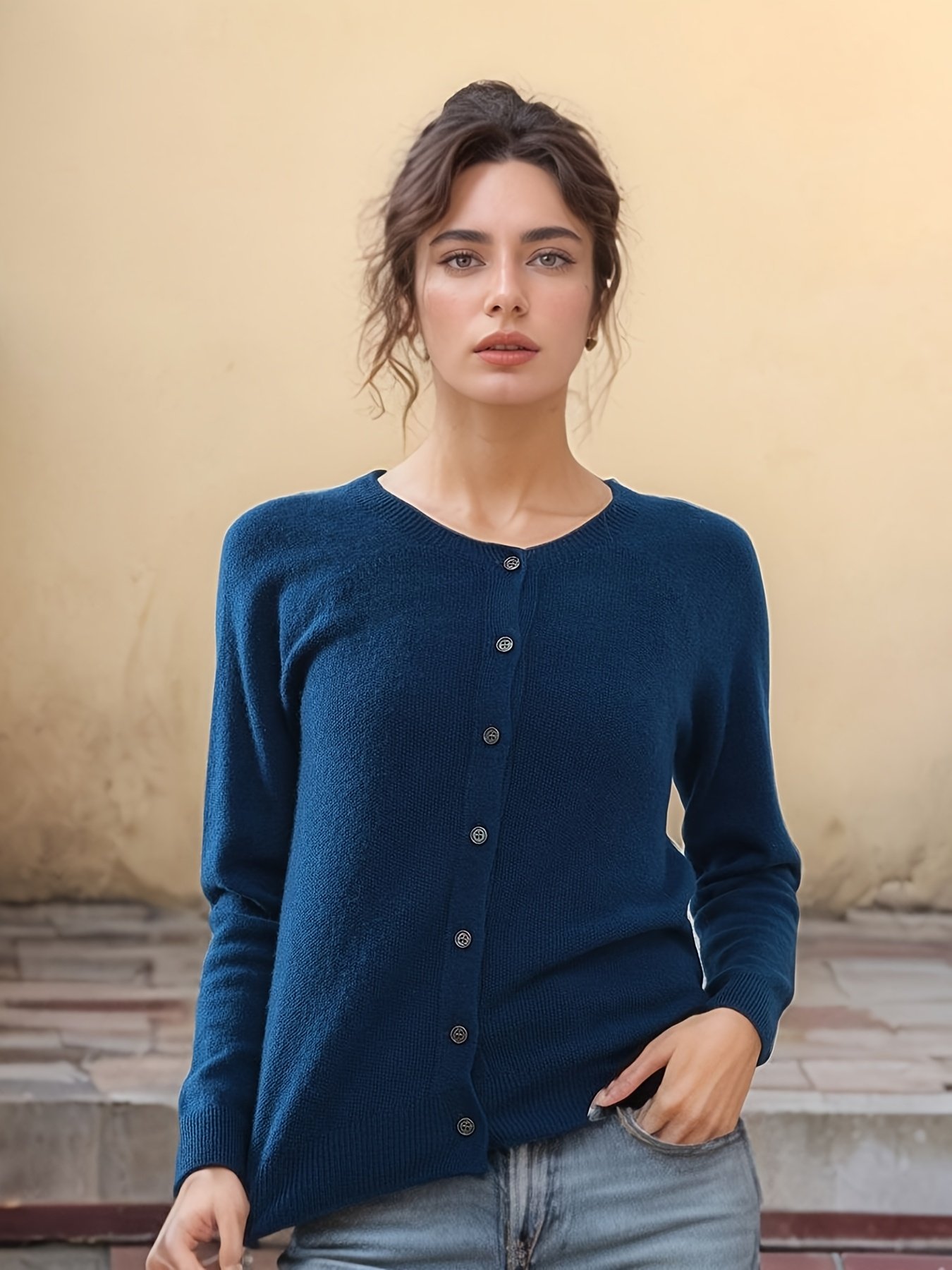 Elegant Warmth: Algae Blue Pure Wool Cardigan - Image 5