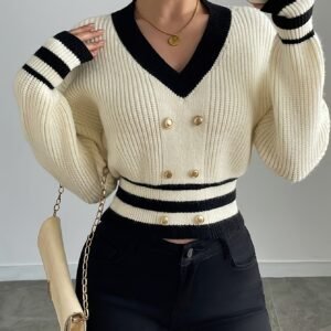 Winter Elegance & Ultimate Comfort: Color Block V-Neck Sweater