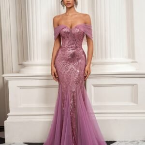 אלגנטיות מלכותית: שמלת בת ים עם כתף חשופה ופאייטים זוהרים