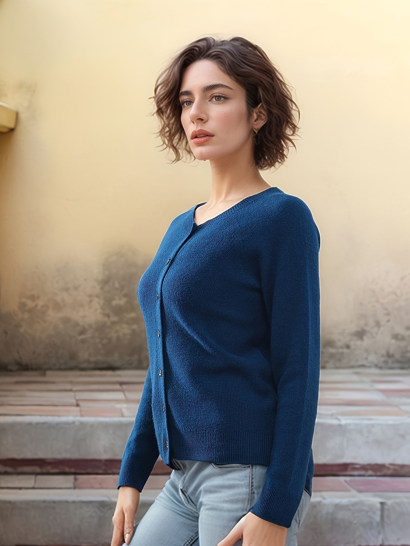 Elegant Warmth: Algae Blue Pure Wool Cardigan - Image 4