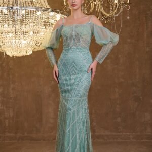 Enchanting Evenings: Luxurious Sequined Embroidered Mermaid Dress with Puff Sleeves