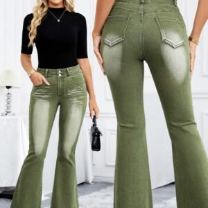 جينز اللهب الأخضر العتيق: أناقة الخصر العالي بقصة متوهجة
