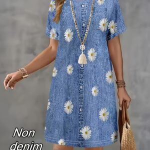 فستان الدنيم الزائف بالورود: لمسة صيفية من الراحة والأناقة!