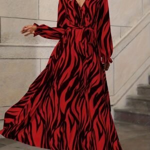 تألقي بجرأة وأناقة: فستان الماكسي الأحمر بنقشة الحمار الوحشي!