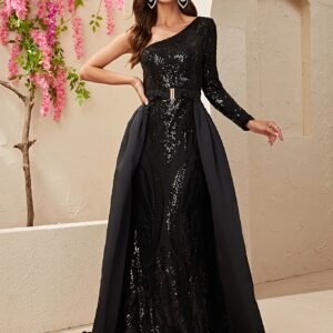 Elegant Evening Charm: One-Shoulder Mermaid Dress with Paisley Motif