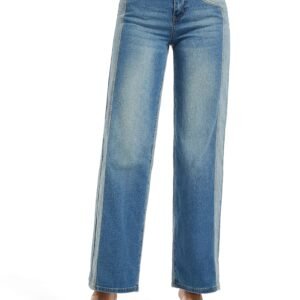 تألقي بأسلوب فريد: جينز دنيم بقصة مستقيمة وتصميم كتل الألوان